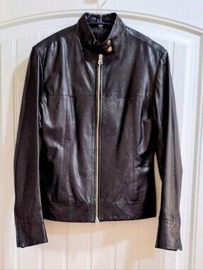 EUC Vera Pelle Black Real Leather Moto Jacket Stand Collar Size IT 42, US S 4/6